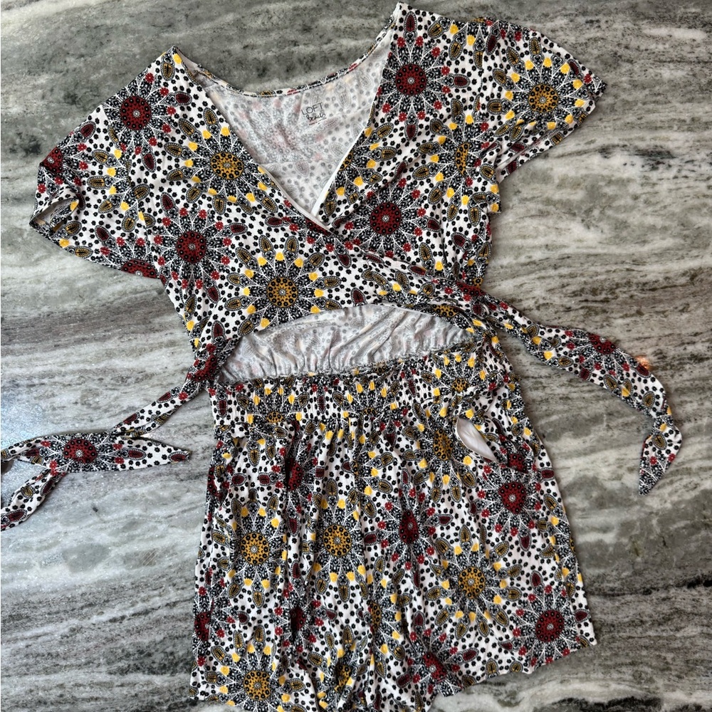 LOFT Floral Print Jumpsuit - Red, Yellow, Black, White
